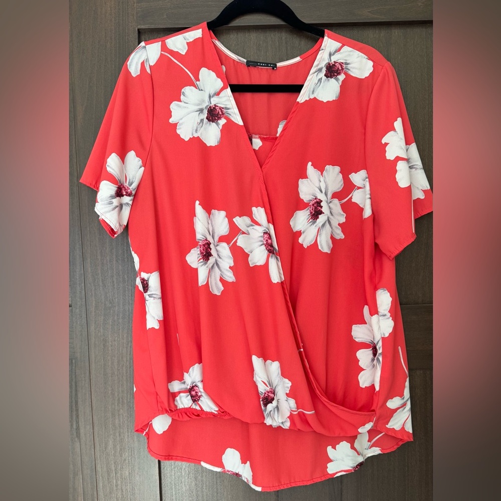 West Kei Coral Wrap Blouse with White Floral Design